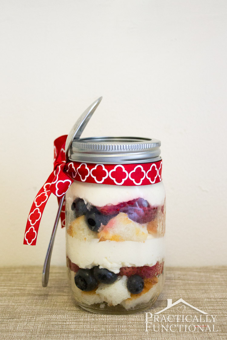 Serve trifle in mason jars to get easy individual servings. Just tie a spoon to the jar with a ribbon, and serve!