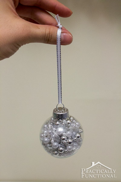 DIY Glass Ball Christmas Ornaments - White pearls and silver ribbon