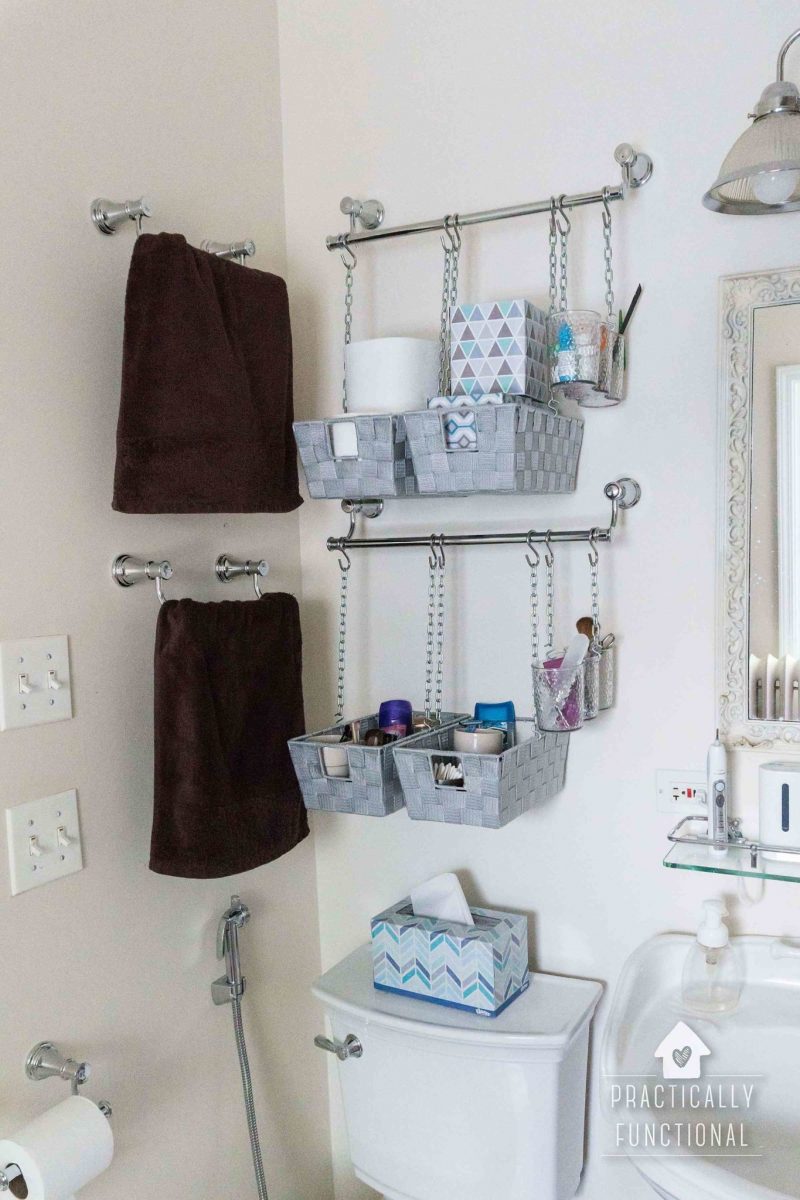 DIY Hanging Storage Bins For Over The Toilet Storage