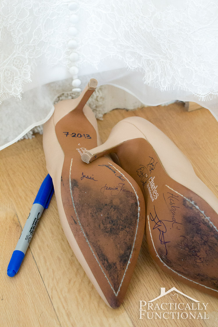 Sign the soles of the brides shoes so she has a personalized wedding keepsake! Bonus if you use a blue marker so the bride has her "something blue"!