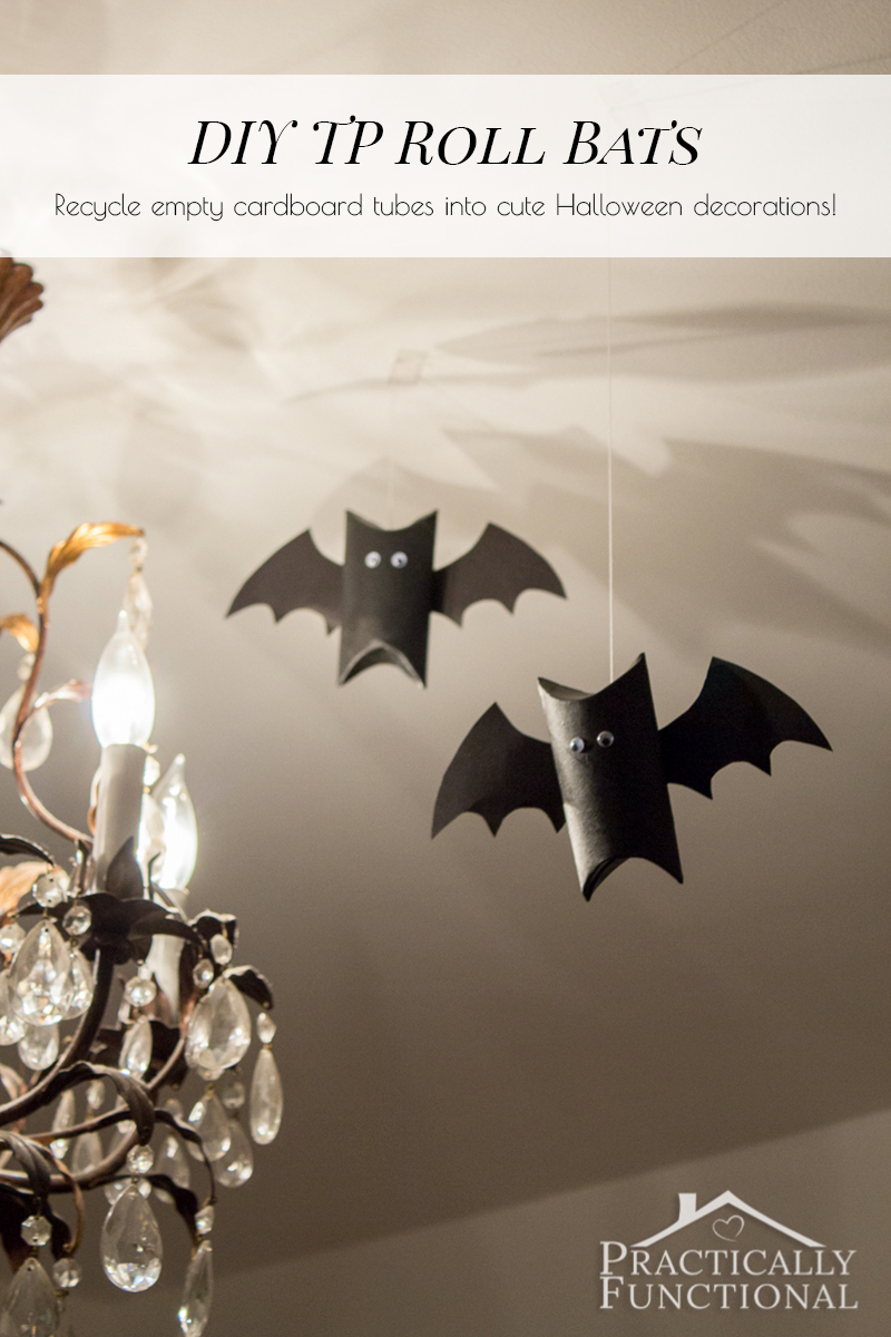 Make these super cute bats in just a few minutes with an empty cardboard tube, paint, googly eyes, construction paper, and glue!