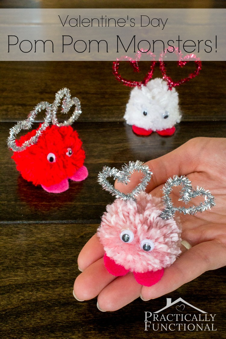 Make these adorable Valentine's Day pom pom monsters in just a few minutes! Great Valentine's Day craft for kids!