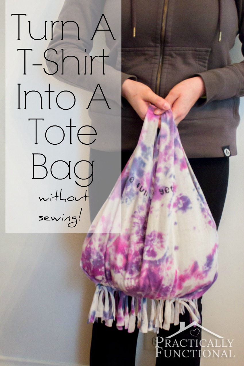 Turn an old t-shirt into a tote bag without sewing in just a few minutes! This tutorial will show you how, so easy!