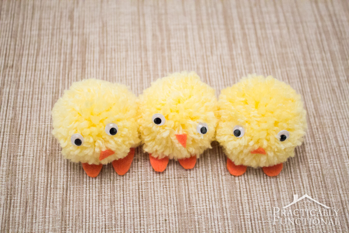 Make pom pom chicks for Easter in under ten minutes! Great craft for kids to help with!