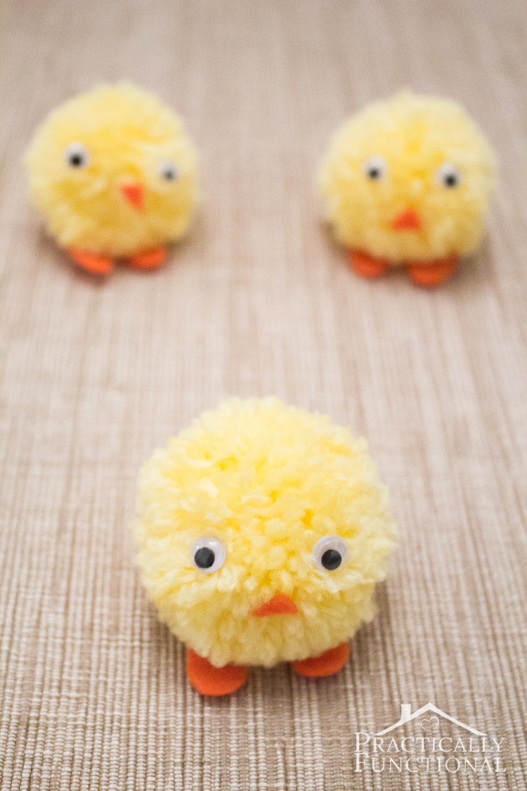 Make pom pom chicks for Easter in under ten minutes! Great craft for kids to help with!
