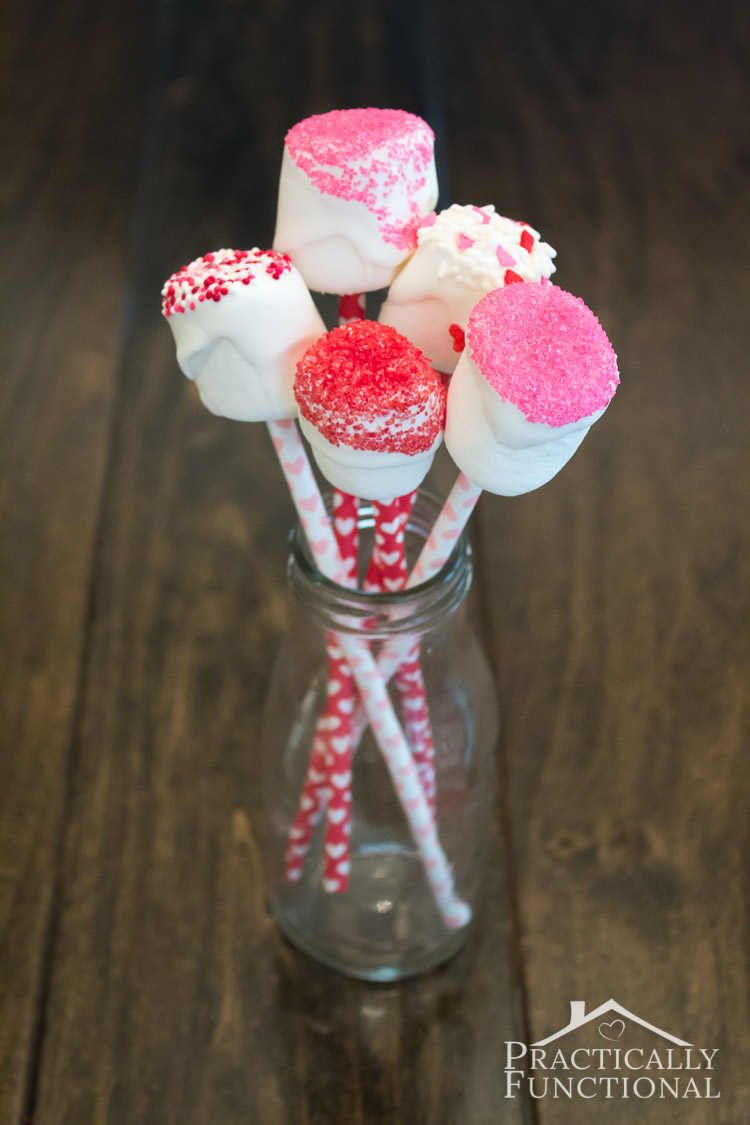 Candy covered Valentine's marshmallow pops are a quick and delicious Valentine's Day treat!