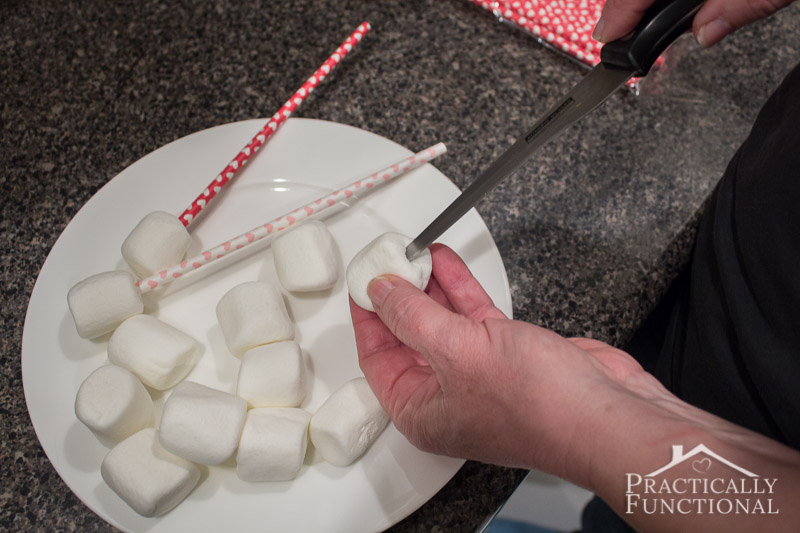 Candy Covered Valentines Marshmallow Pops cut small slits in the marshmallow for the paper straws