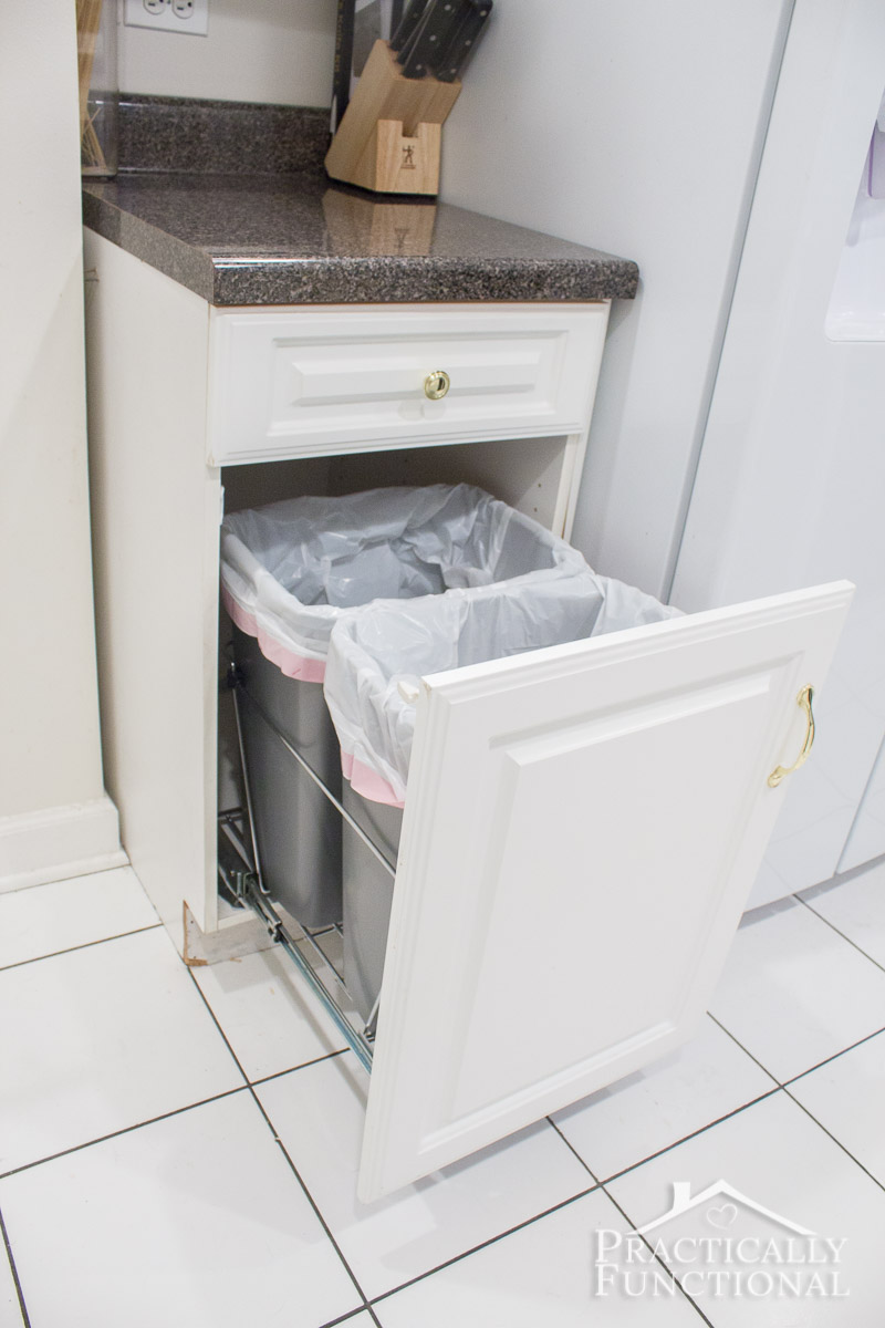 Convert an empty cabinet into pull out trash cans in under an hour; all you need is a pull out trash can kit!