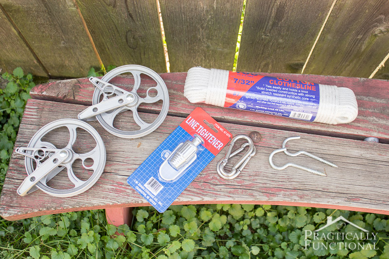 Supplies needed to make a DIY pulley clothesline with line tightener