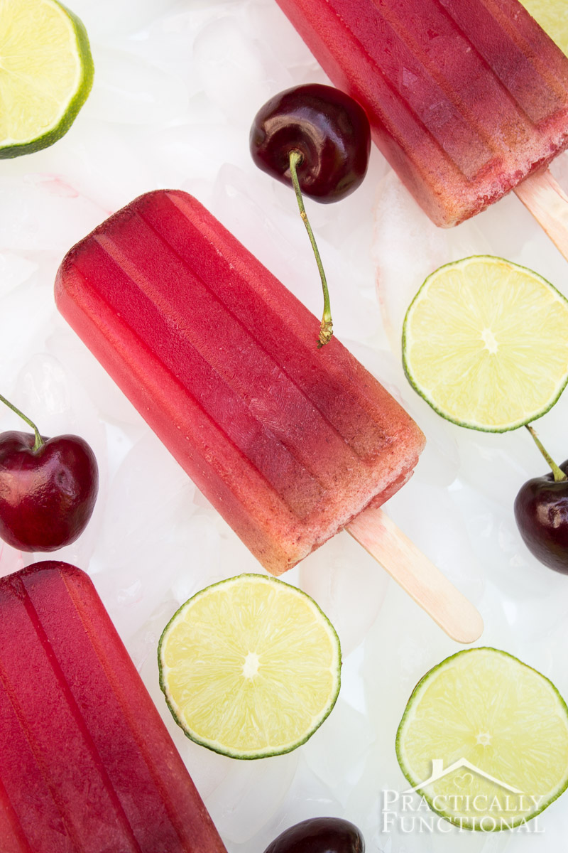 Homemade cherry limeade popsicles, get the recipe here!