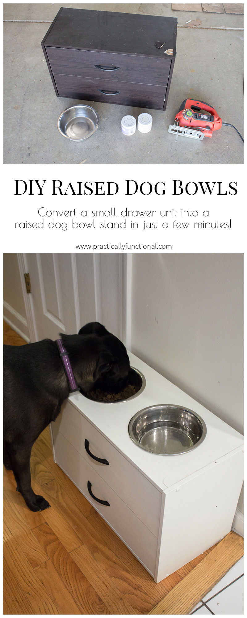 Create a DIY raised dog bowl stand from an old dresser in just a few minutes!