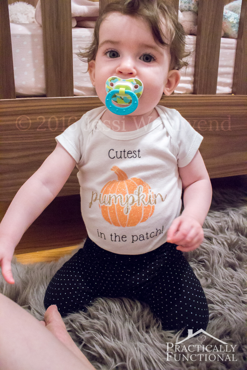 This adorable Cutest Pumpkin In The Patch onesie is perfect for fall! Learn how to make your own or buy one from her Etsy shop!