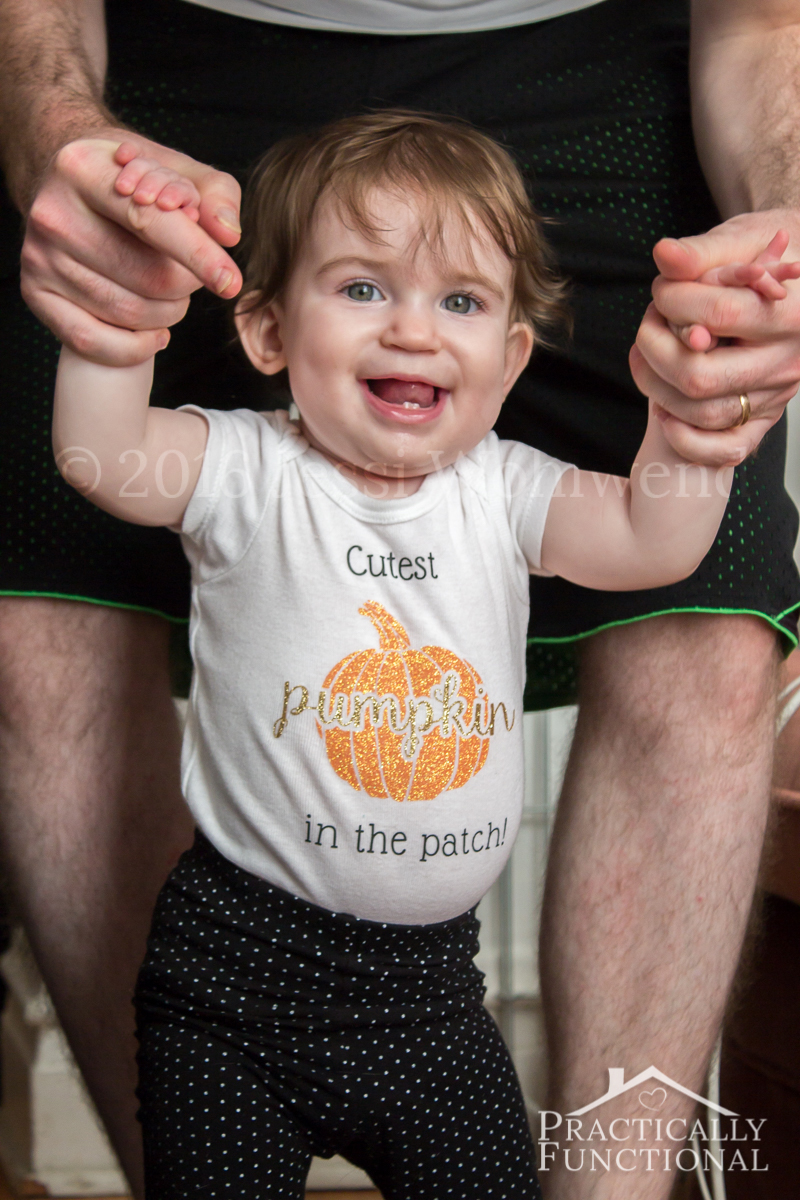 This adorable Cutest Pumpkin In The Patch onesie is perfect for fall! Learn how to make your own or buy one from her Etsy shop!