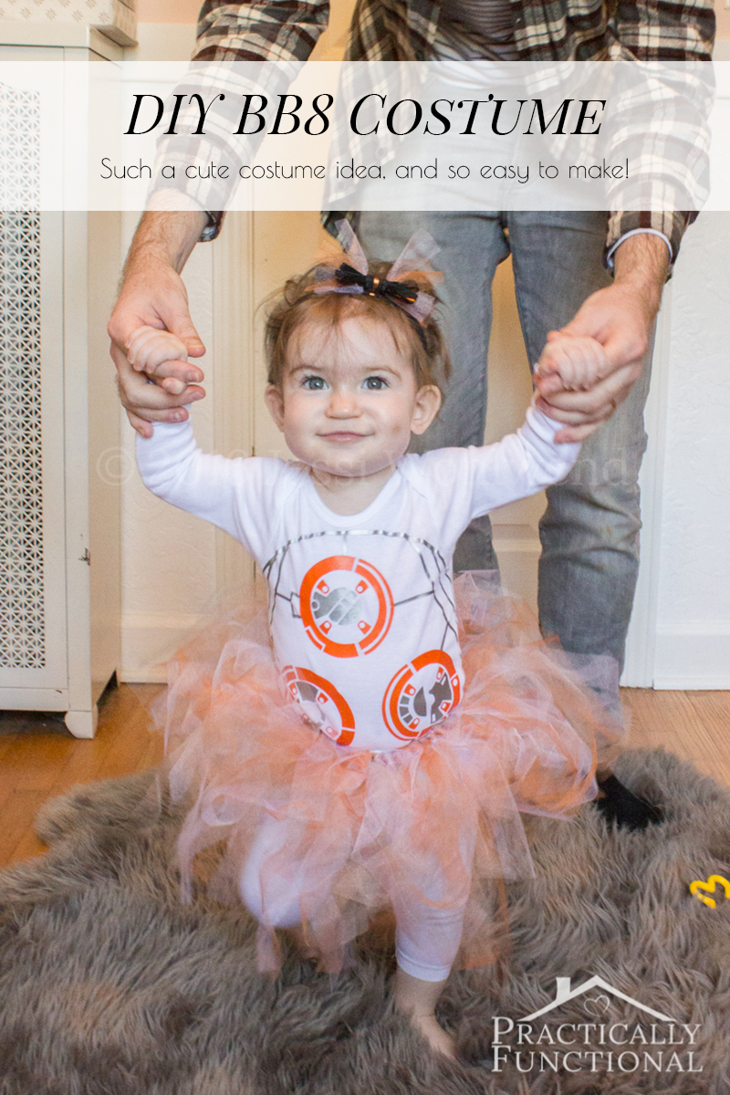 Such a cute BB8 Halloween costume! It's just graphics on a plain onesie and a simple no-sew tutu!