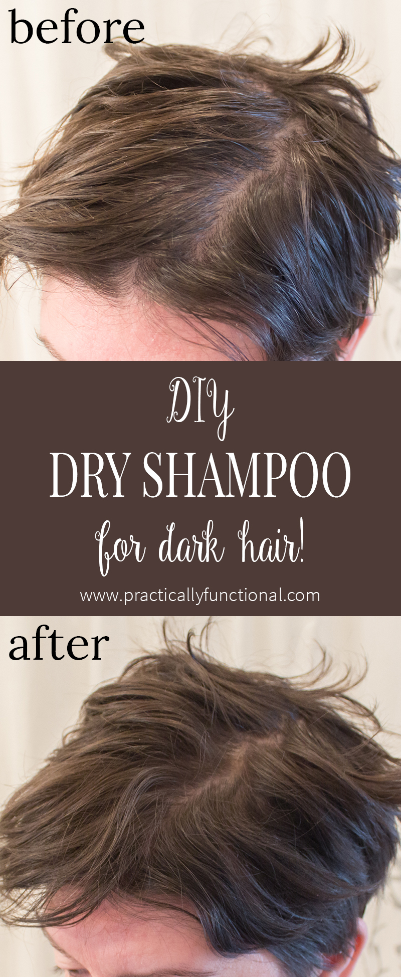This is my favorite DIY dry shampoo recipe for dark hair; gets rid of the greasy shine and adds a ton of volume so you can style your hair just like normal! (Works for light hair too, just leave out the cocoa powder)