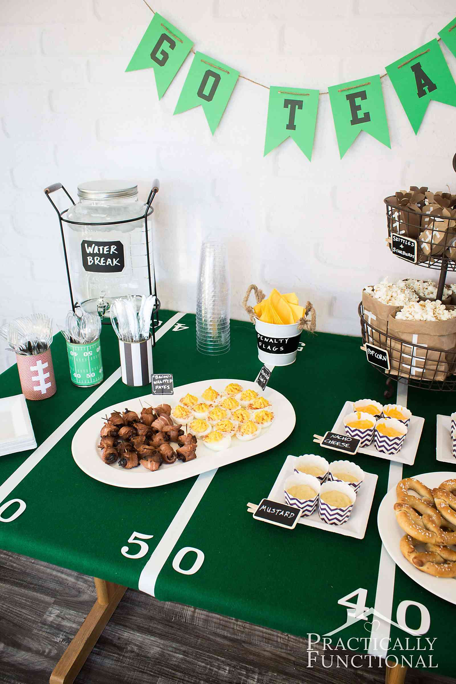 Make a DIY football field tablecloth using green felt and white duct tape! Perfect for a football party!